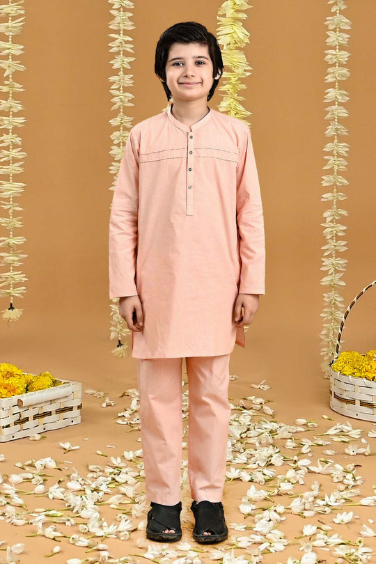 Boys Yarn Dyed Shalwar Suit (Front Pleat)-Peach