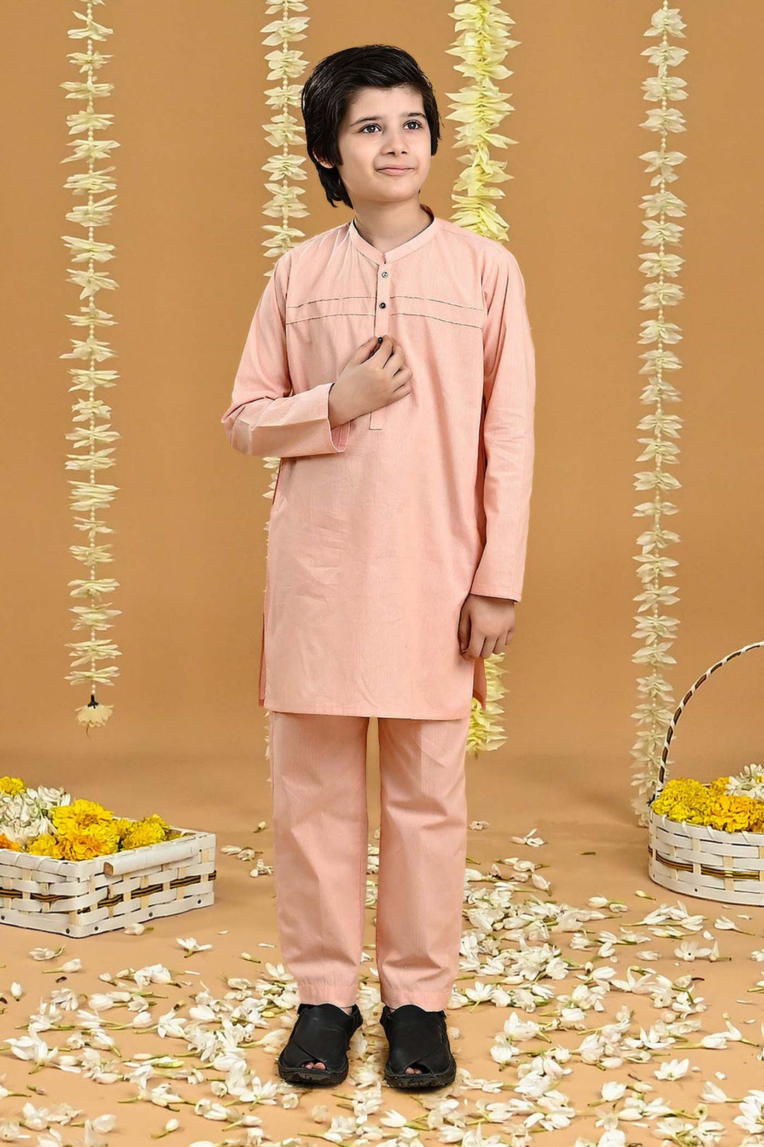 Boys Yarn Dyed Shalwar Suit (Front Pleat)-Peach