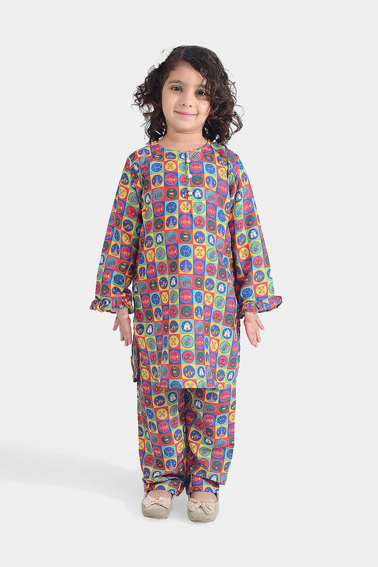 Girls Poly Net Printed 2Pcs Color Blocks Ind-Multi