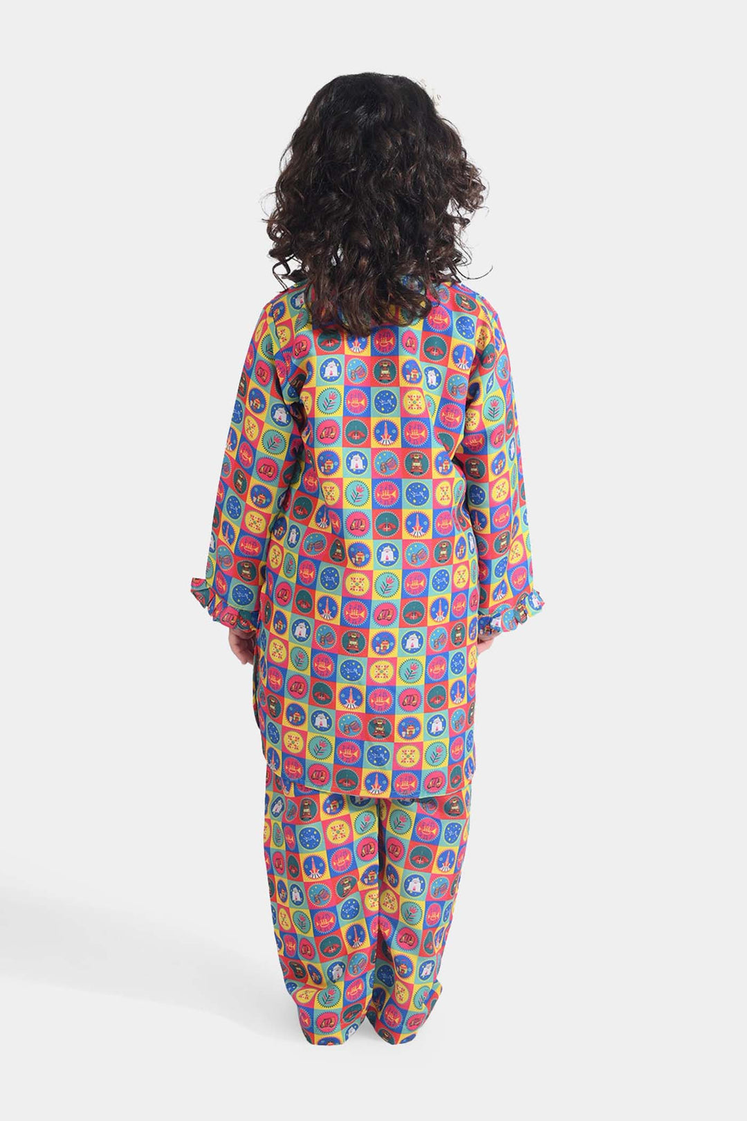 Girls Poly Net Printed 2Pcs Color Blocks Ind-Multi