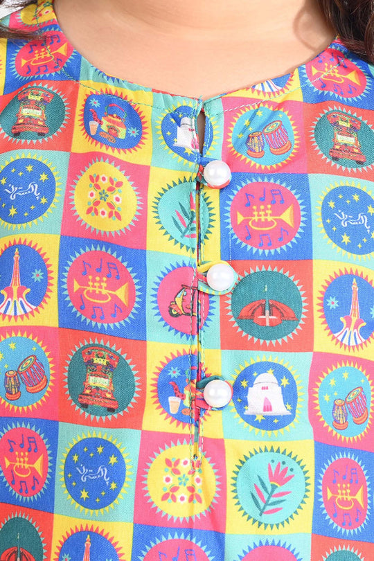 Girls Poly Net Printed 2Pcs Color Blocks Ind-Multi