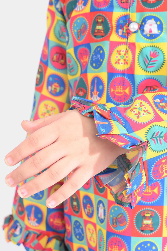 Girls Poly Net Printed 2Pcs Color Blocks Ind-Multi