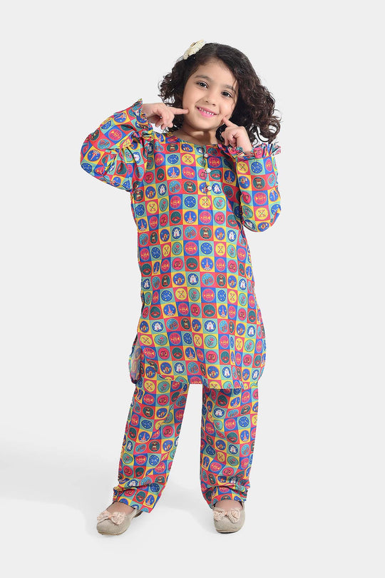 Girls Poly Net Printed 2Pcs Color Blocks Ind-Multi