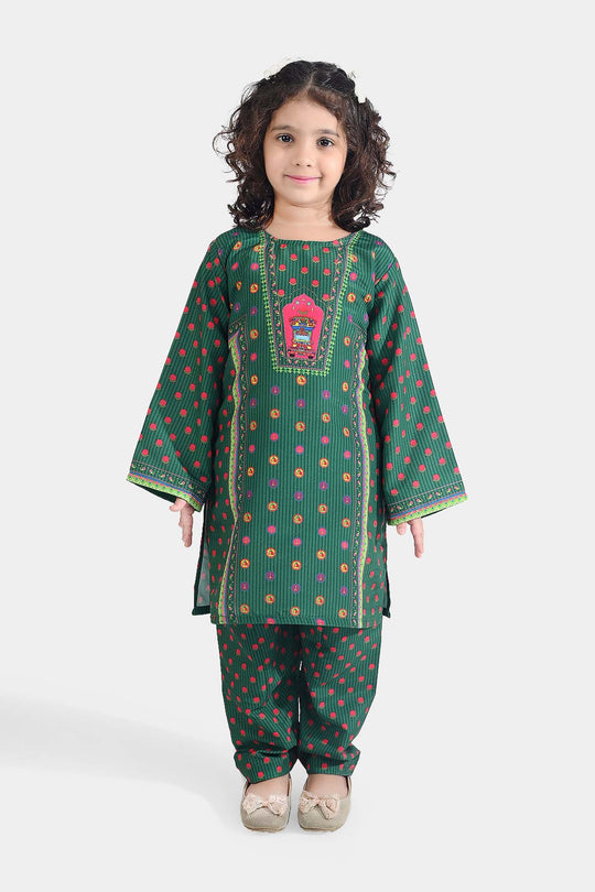 Girls Poly Net Printed 2Pcs Suit Truck Art Ind-GREEN