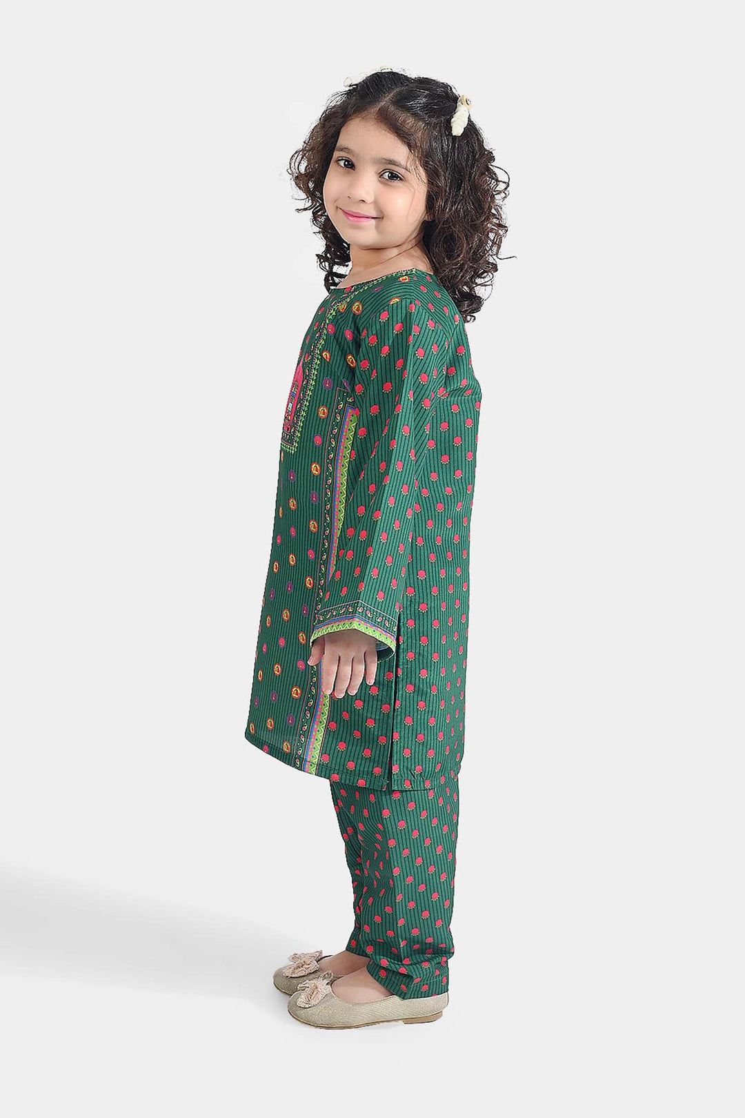 Girls Poly Net Printed 2Pcs Suit Truck Art Ind-GREEN