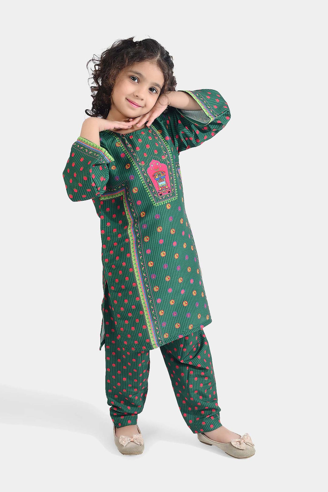Girls Poly Net Printed 2Pcs Suit Truck Art Ind-GREEN