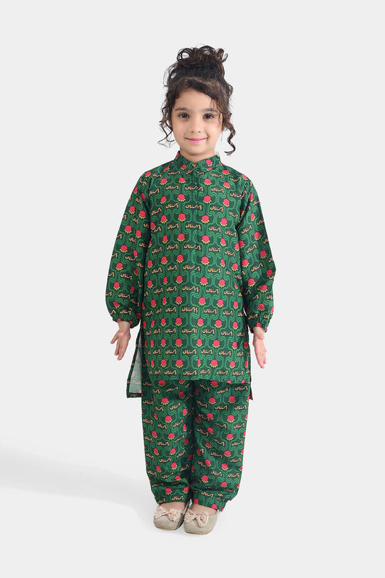 Girls Poly Net Printed 2Pcs Truck Flower Ind-GREEN