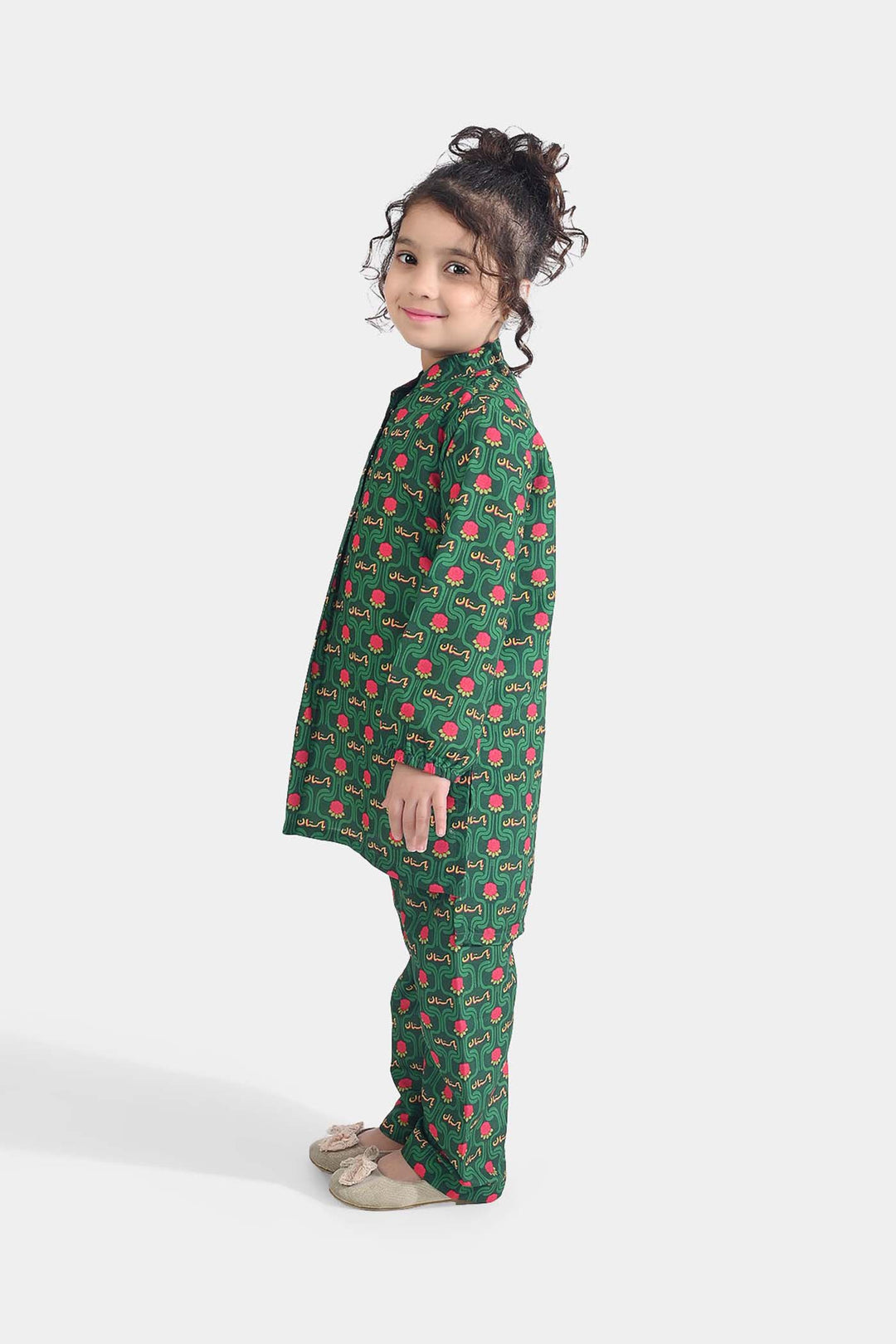 Girls Poly Net Printed 2Pcs Truck Flower Ind-GREEN