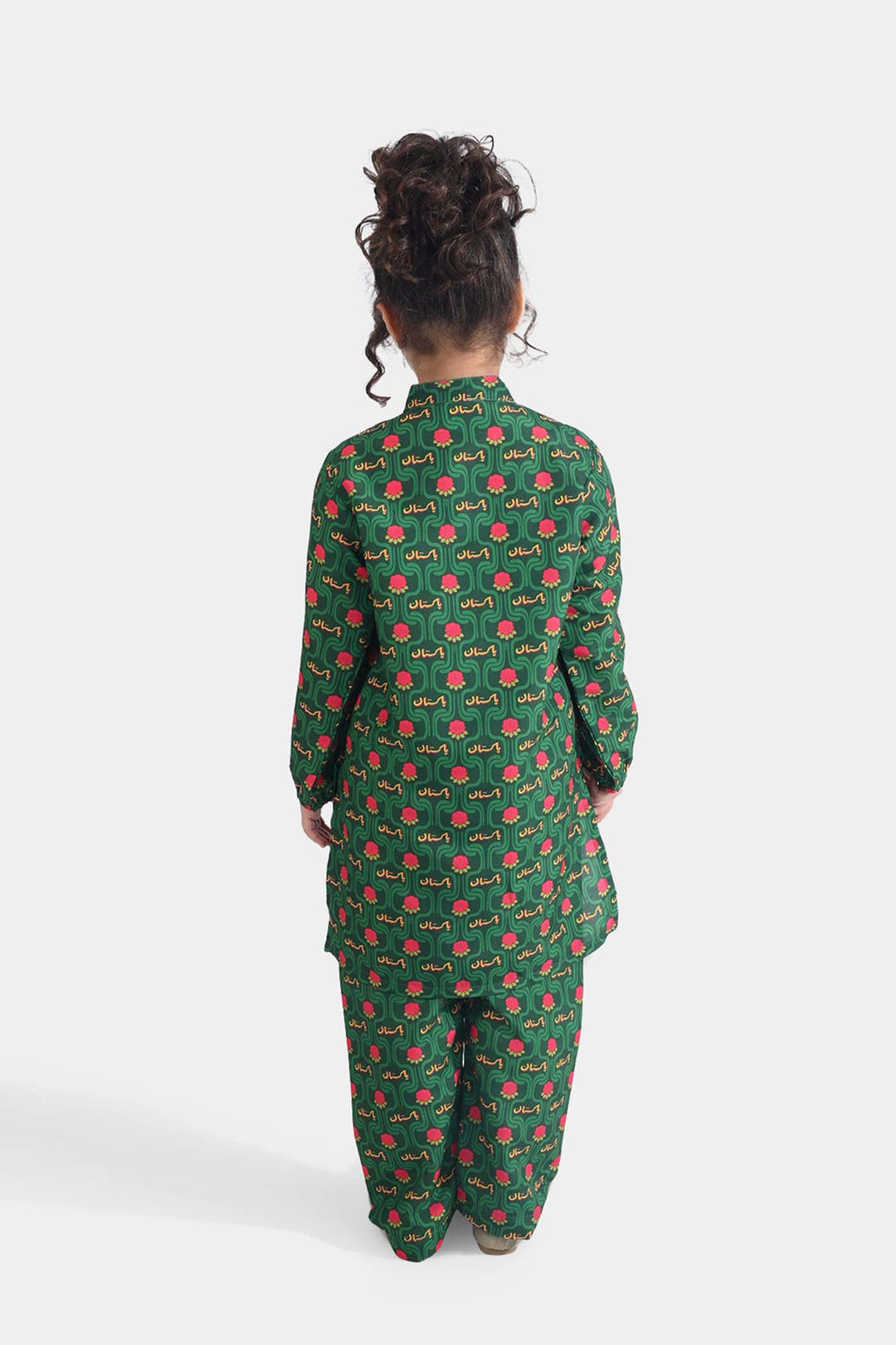 Girls Poly Net Printed 2Pcs Truck Flower Ind-GREEN