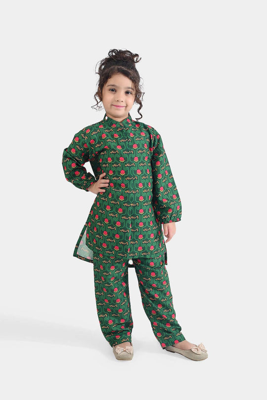 Girls Poly Net Printed 2Pcs Truck Flower Ind-GREEN