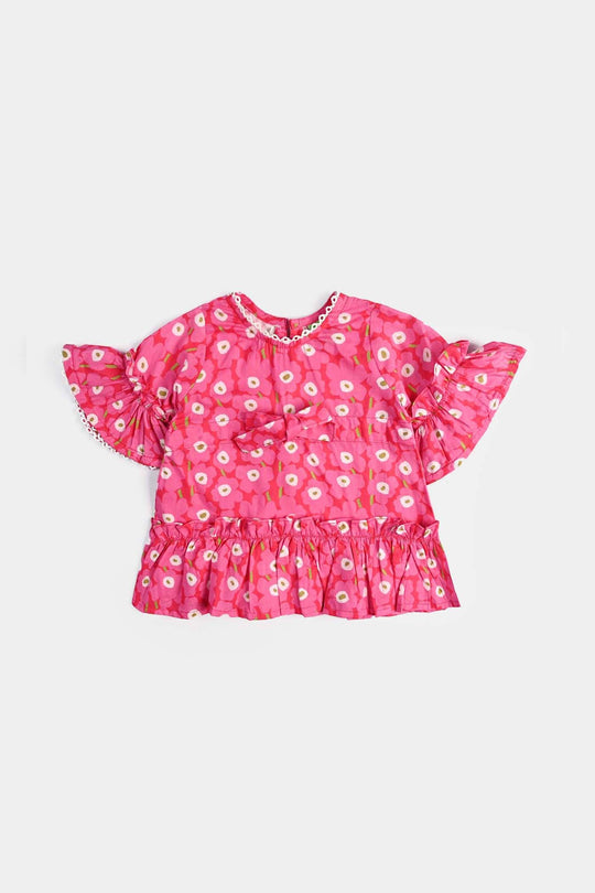 Infant Girls Cotton Poplin Casual Frock Shocking Pink Frill-Hot Pink