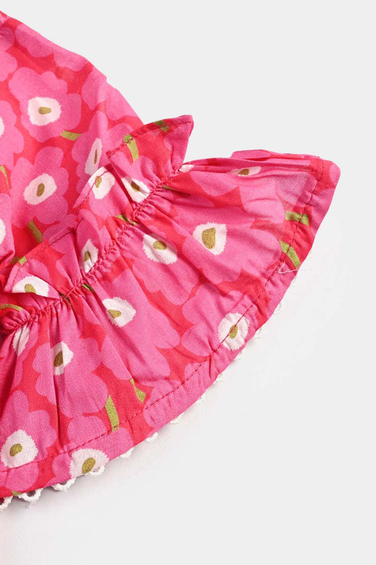 Infant Girls Cotton Poplin Casual Frock Shocking Pink Frill-Hot Pink