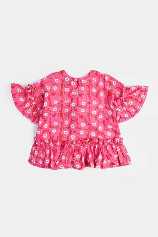 Infant Girls Cotton Poplin Casual Frock Shocking Pink Frill-Hot Pink