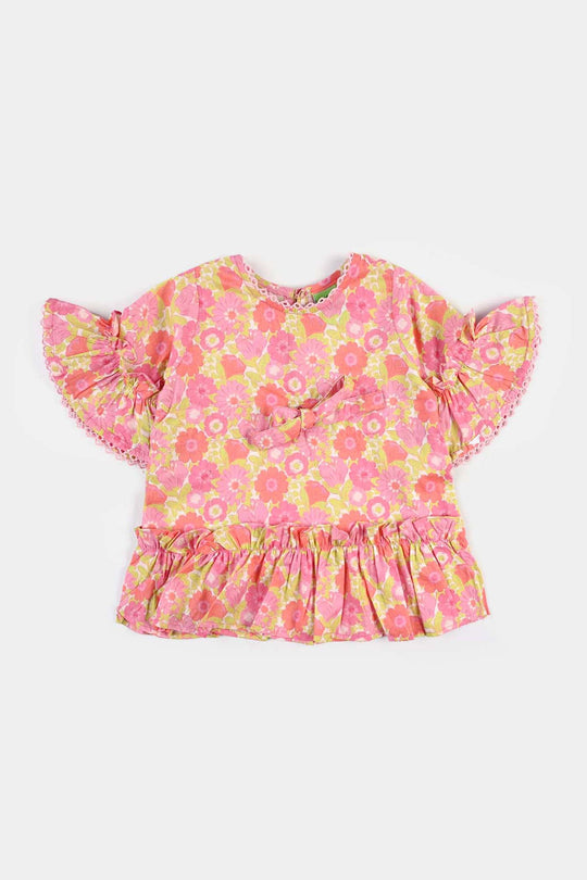 Infant Girls Cotton Poplin Casual Frock Pink Frill-Pink