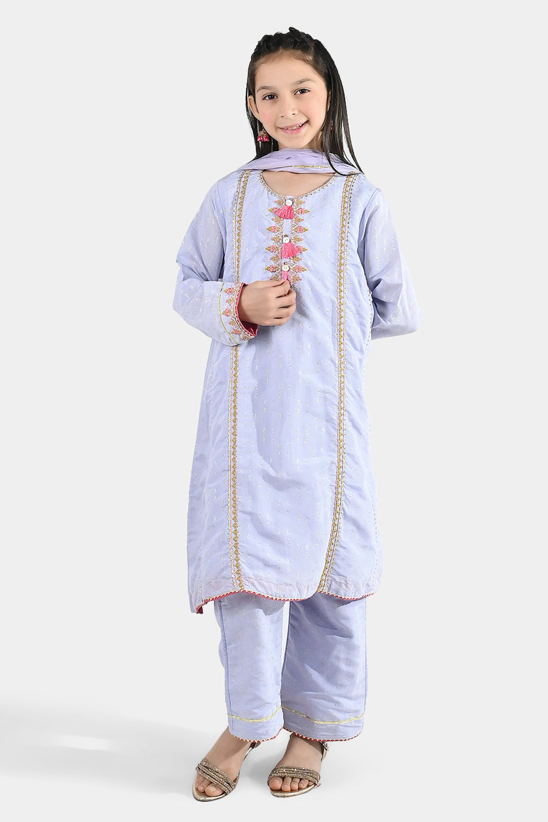 Girls Jacquard 3 Piece Suit (Mahay Rang) - Lilac