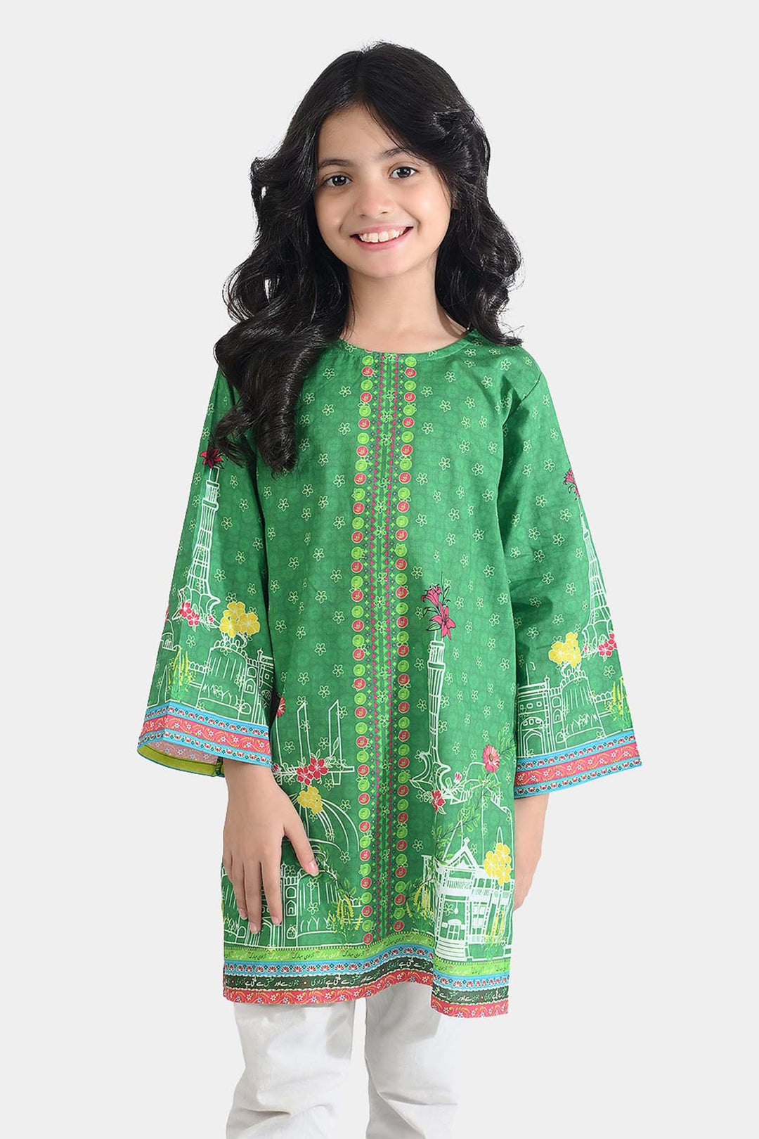 Girls Cotton Printed Kurti Floral Monuments Ind-GREEN
