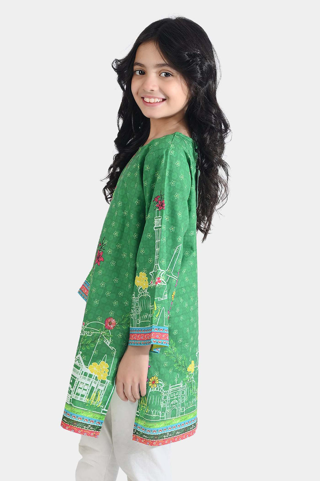 Girls Cotton Printed Kurti Floral Monuments Ind-GREEN