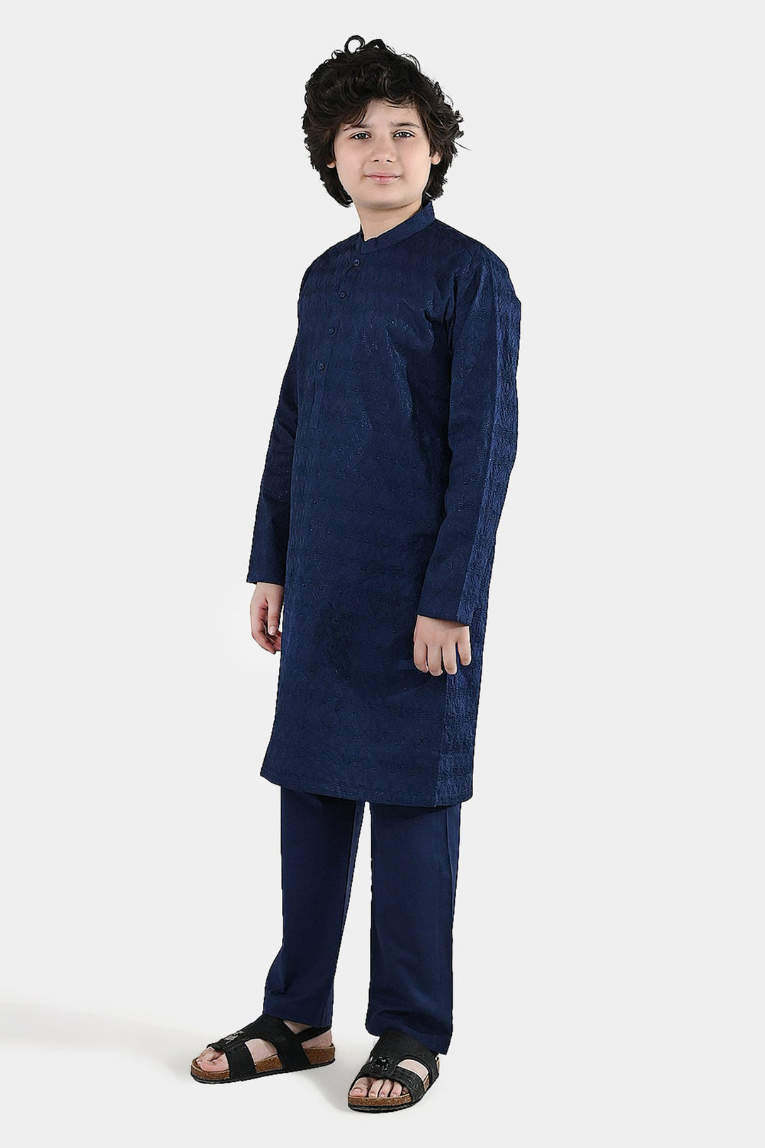 Boys Cotton Poplin Kurta Pajama (Chicken Kari) - Blue