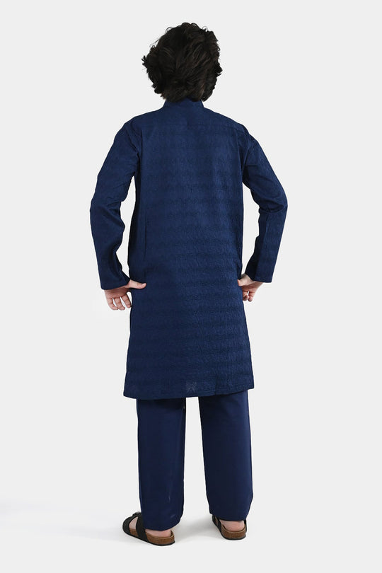 Boys Cotton Poplin Kurta Pajama (Chicken Kari) - Blue