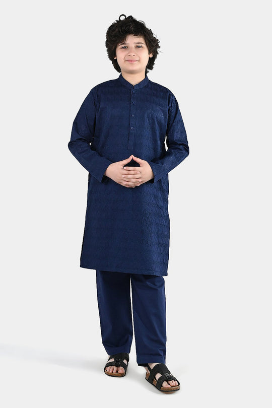 Boys Cotton Poplin Kurta Pajama (Chicken Kari) - Blue