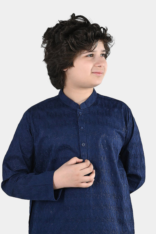 Boys Cotton Poplin Kurta Pajama (Chicken Kari) - Blue