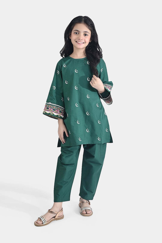 Girls Ind Emb 2Pcs Chand Sitara-GREEN Cotton Poplin