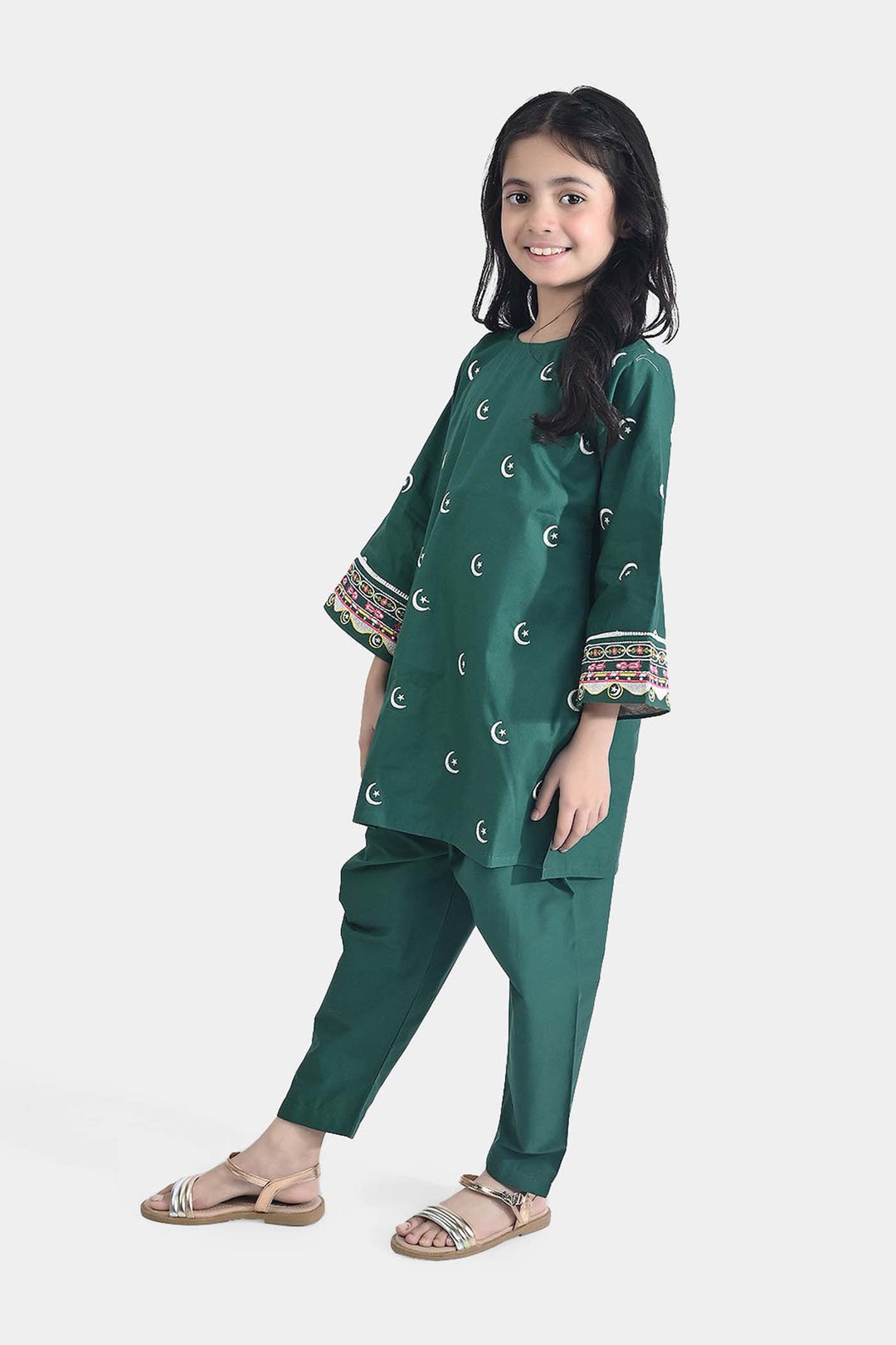 Girls Ind Emb 2Pcs Chand Sitara-GREEN Cotton Poplin
