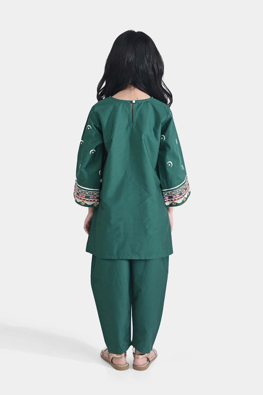 Girls Ind Emb 2Pcs Chand Sitara-GREEN Cotton Poplin