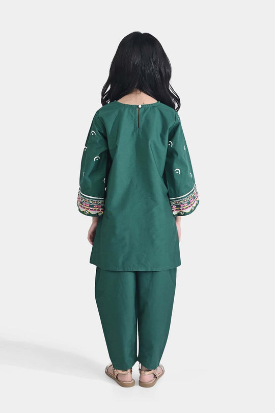 Girls Ind Emb 2Pcs Chand Sitara-GREEN Cotton Poplin