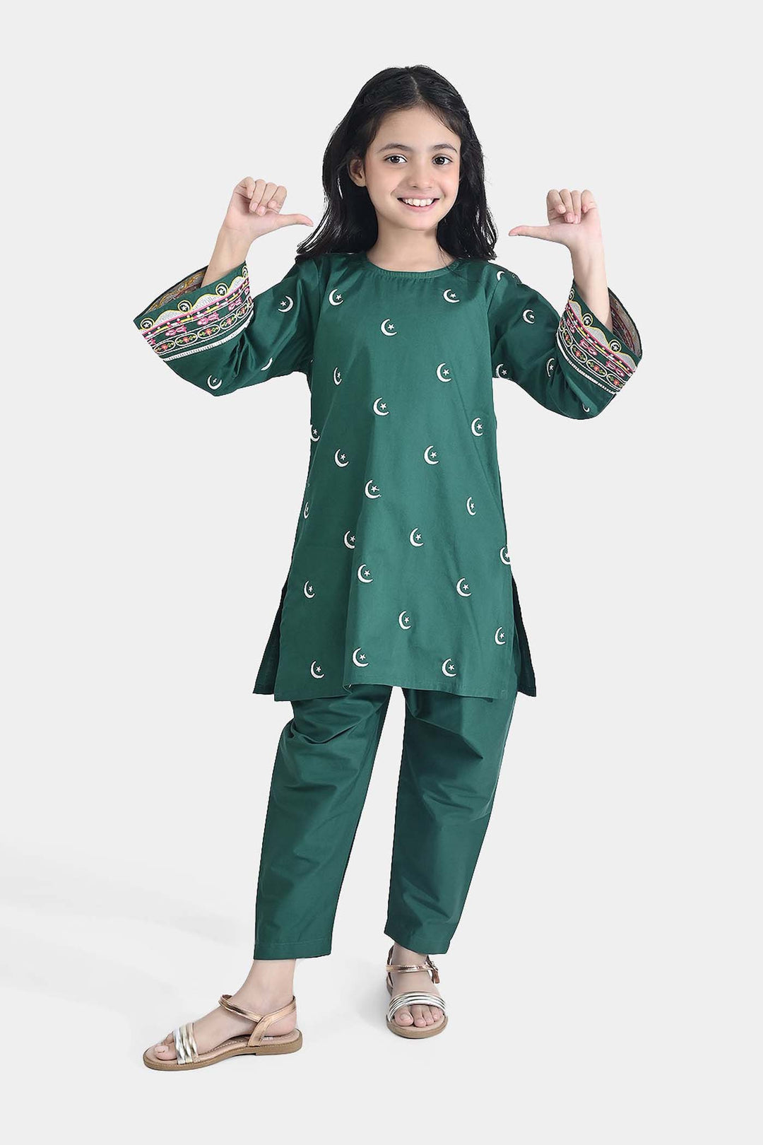 Girls Ind Emb 2Pcs Chand Sitara-GREEN Cotton Poplin