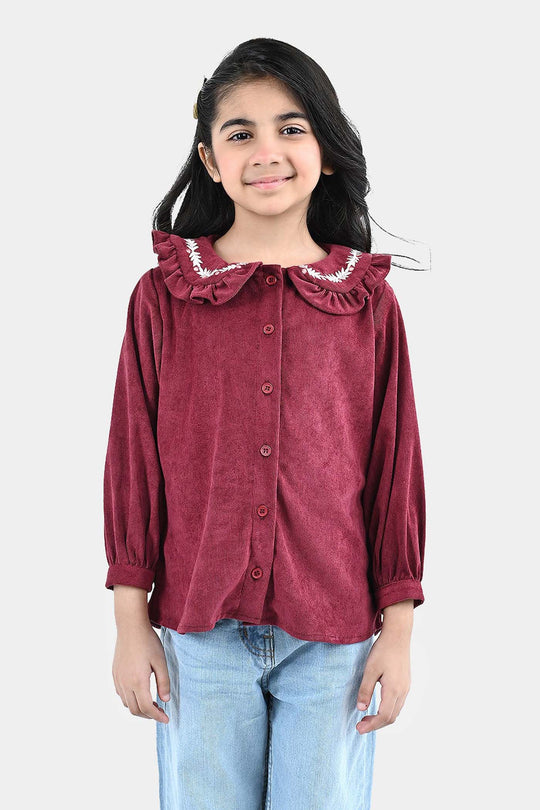 Girls Corduroy Emb Top Ruffle Collar-MAROON