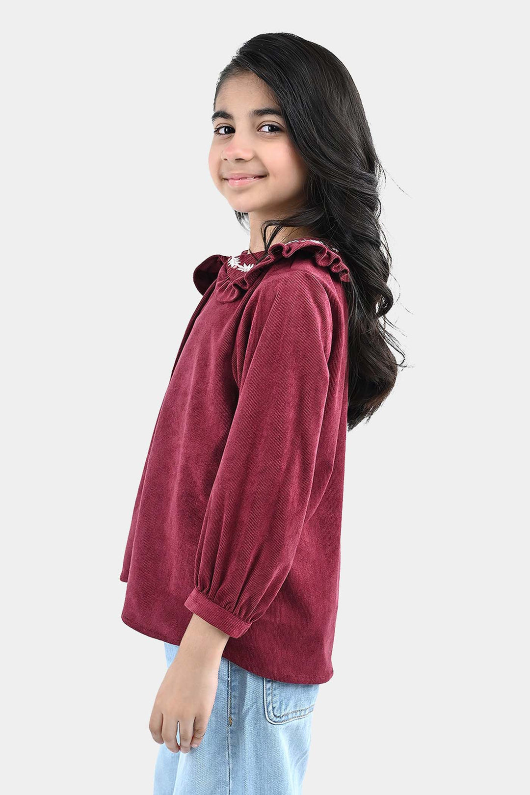 Girls Corduroy Emb Top Ruffle Collar-MAROON