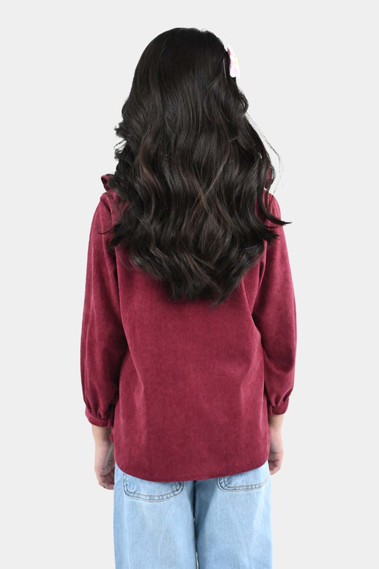Girls Corduroy Emb Top Ruffle Collar-MAROON