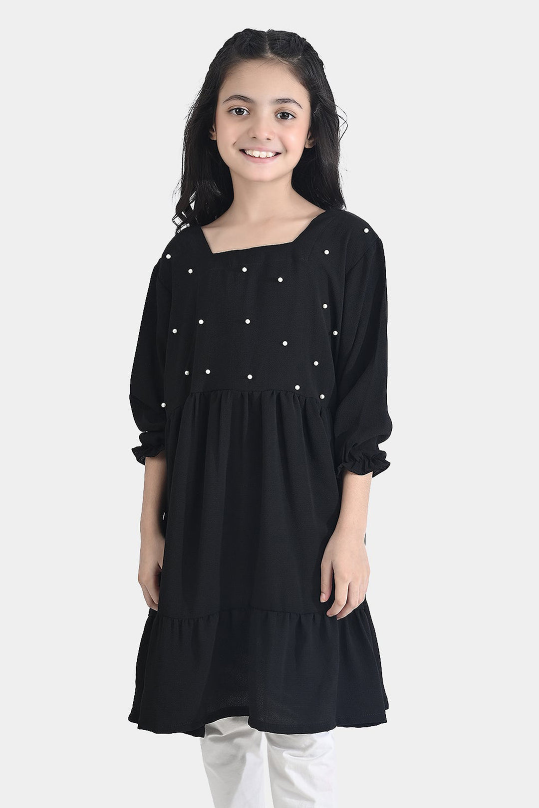 Girls Poly Mesh Casual Frock Monochrome-BLACK