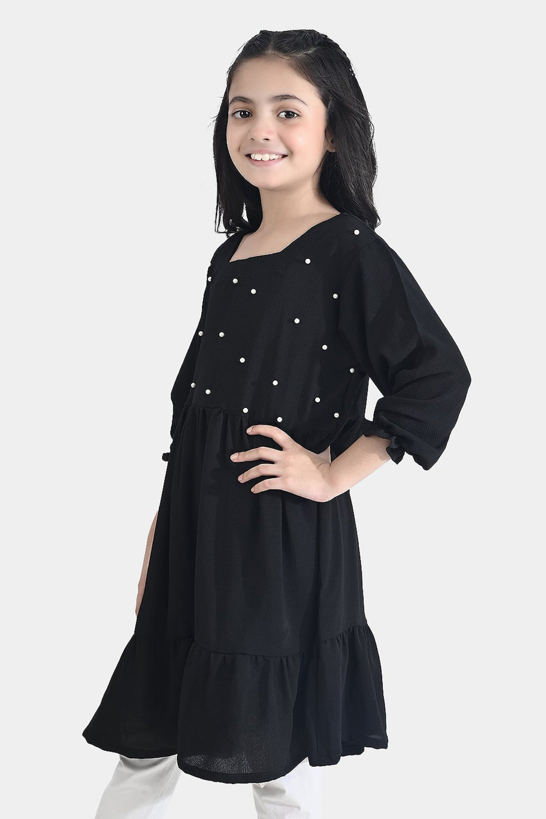 Girls Poly Mesh Casual Frock Monochrome-BLACK