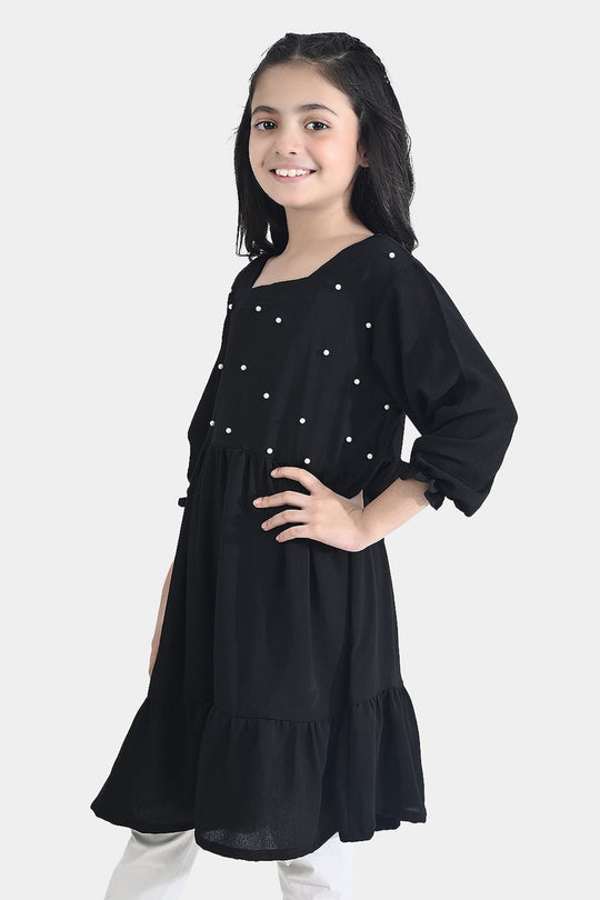 Girls Poly Mesh Casual Frock Monochrome-BLACK
