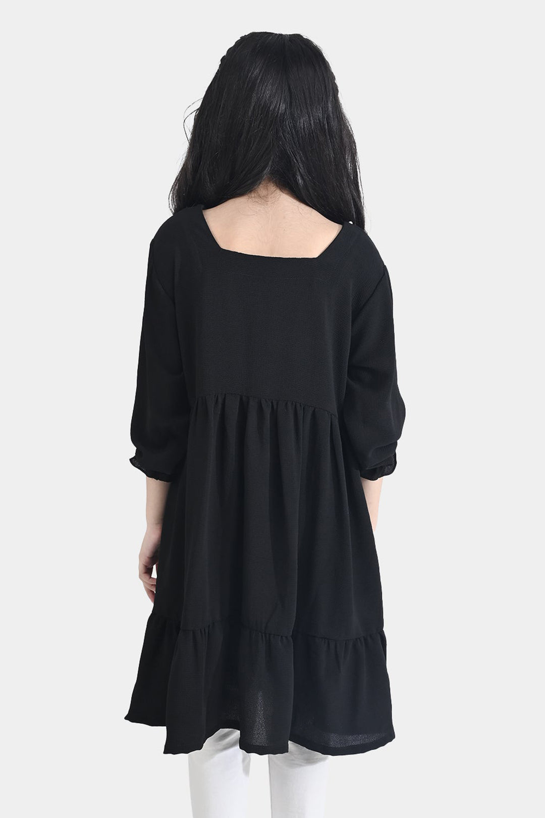 Girls Poly Mesh Casual Frock Monochrome-BLACK