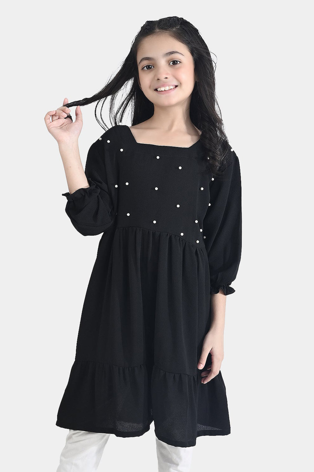 Girls Poly Mesh Casual Frock Monochrome-BLACK