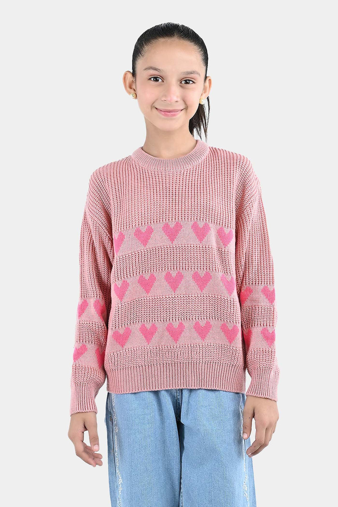Girls Acrylic F/S  Sweater All Hearts-Pink