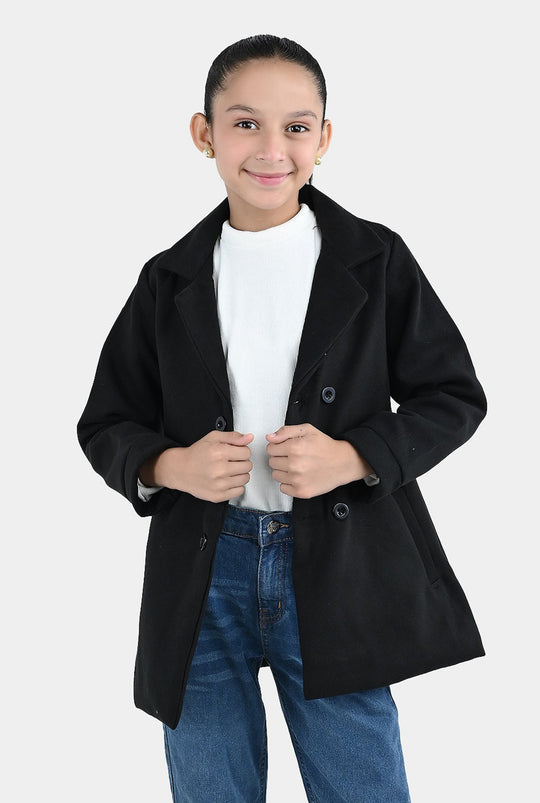 Girls Wool Trench Coat-Black