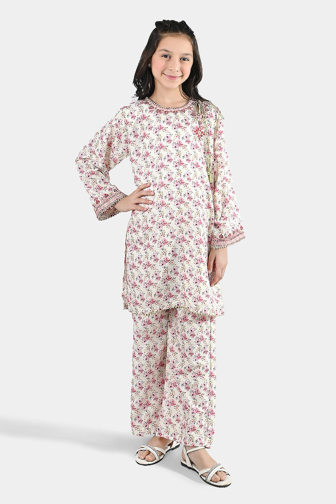 Girls Poly Lawn 2 Piece Suit (Phool) - Peach/Pink