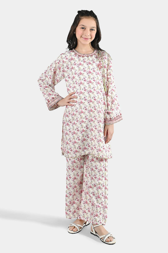 Girls Poly Lawn 2 Piece Suit (Phool) - Peach/Pink
