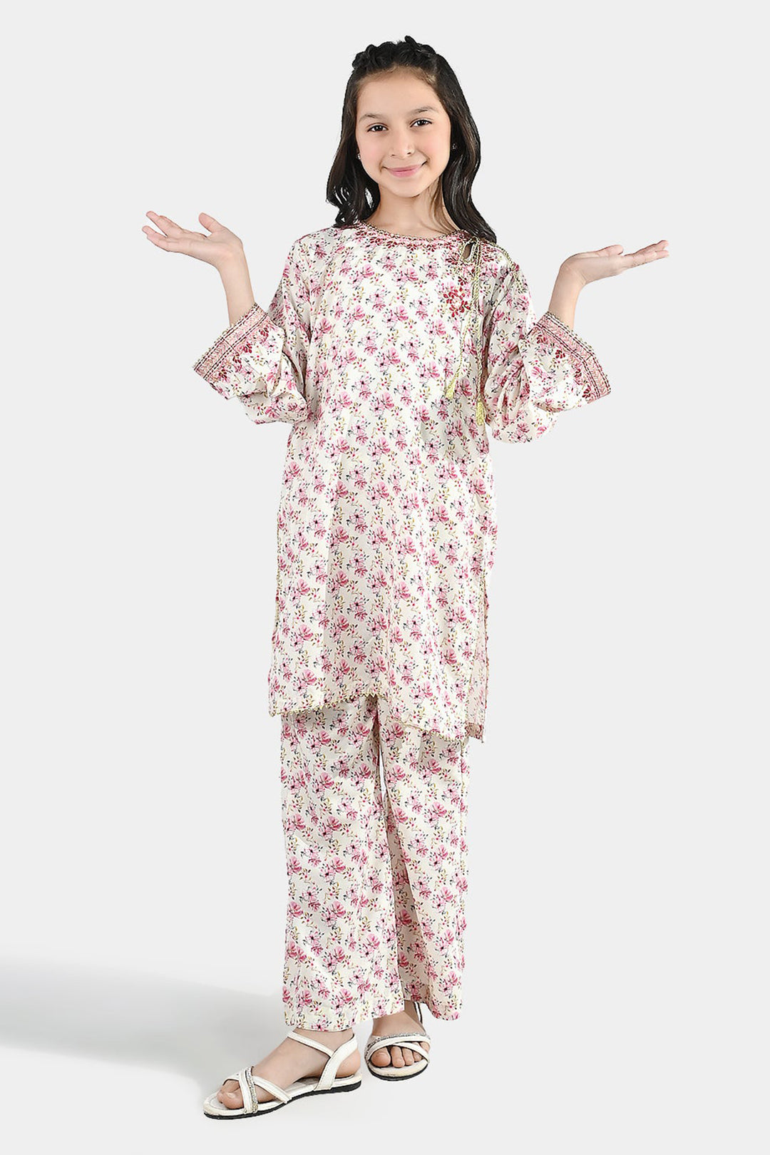 Girls Poly Lawn 2 Piece Suit (Phool) - Peach/Pink
