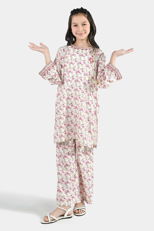 Girls Poly Lawn 2 Piece Suit (Phool) - Peach/Pink