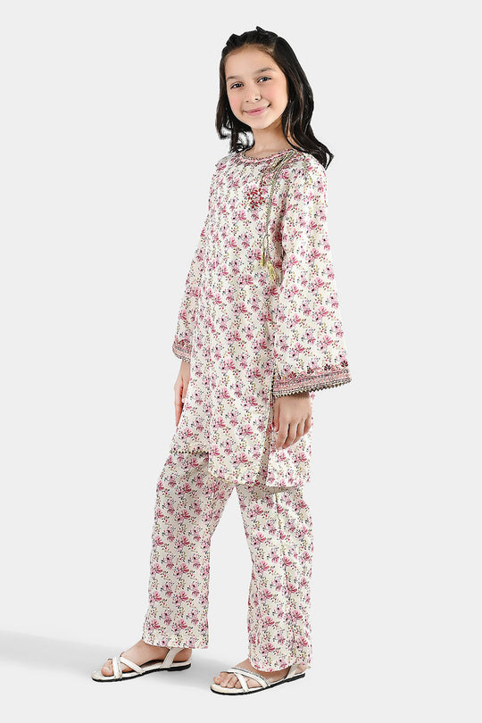 Girls Poly Lawn 2 Piece Suit (Phool) - Peach/Pink