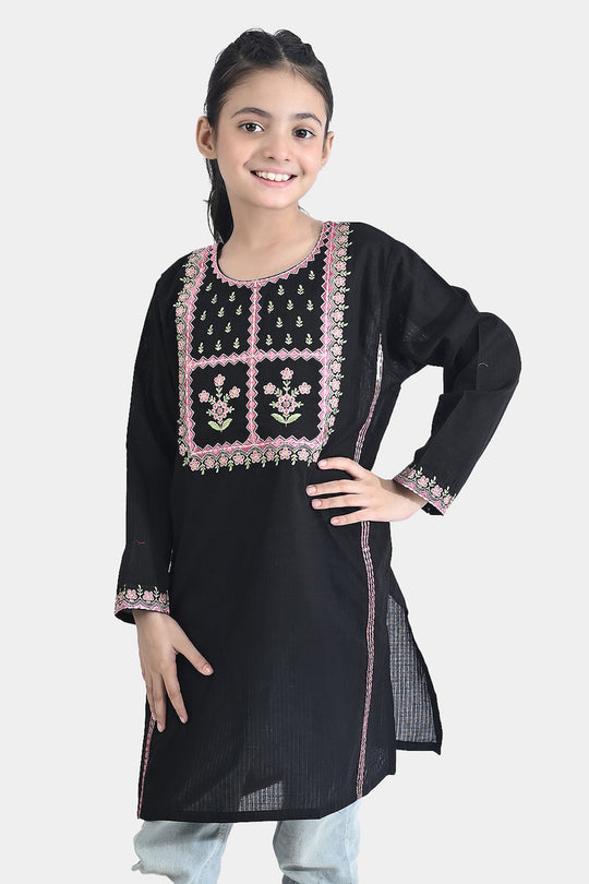 Girls Cotton Emb Kurti Saweyra-BLACK