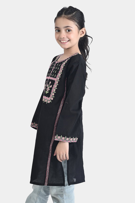 Girls Cotton Emb Kurti Saweyra-BLACK
