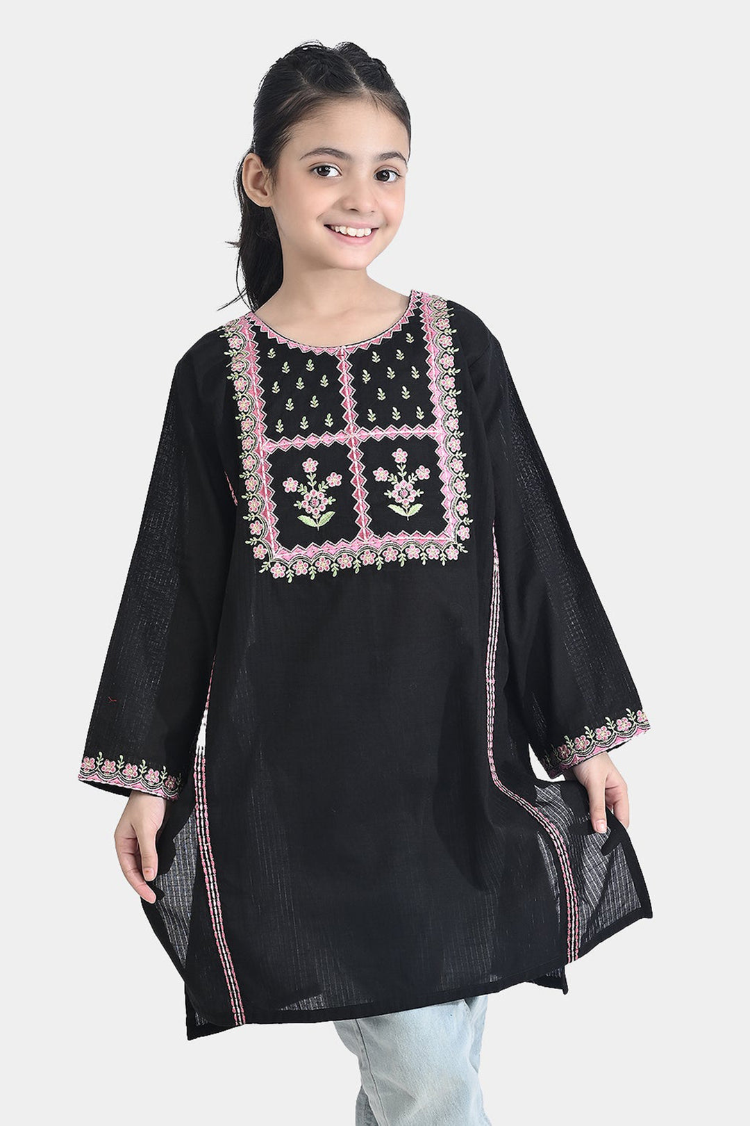 Girls Cotton Emb Kurti Saweyra-BLACK