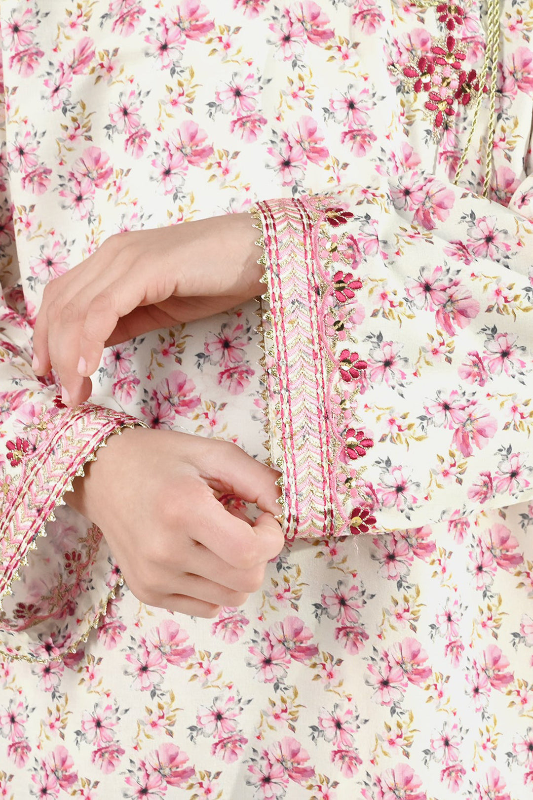 Girls Poly Lawn 2 Piece Suit (Phool) - Peach/Pink