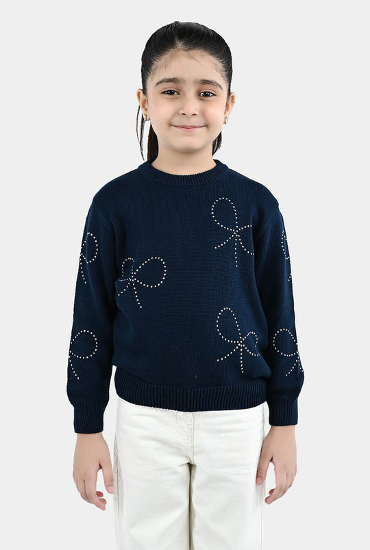 Girls Cotton Sweater Bow Studs-BLUE